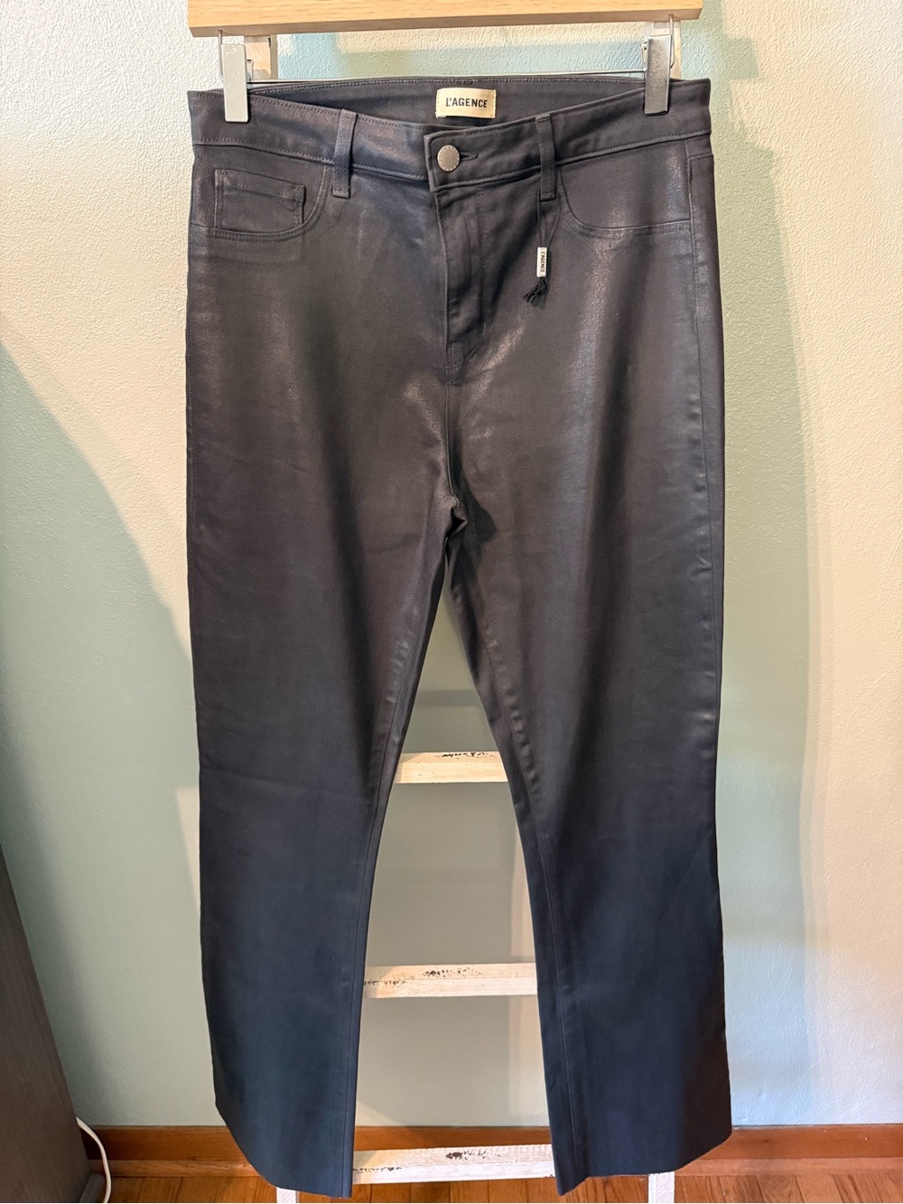 NWOT L’AGENCE Marty Coated Dark Gray Flare Jeans Size 30 Women Shiny Raw Hem